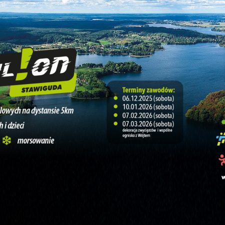 Plakat zapraszający do miejscowości Ruś k. Olsztyna na Zawody biegowe Trail!ON Stawiguda 2026. 