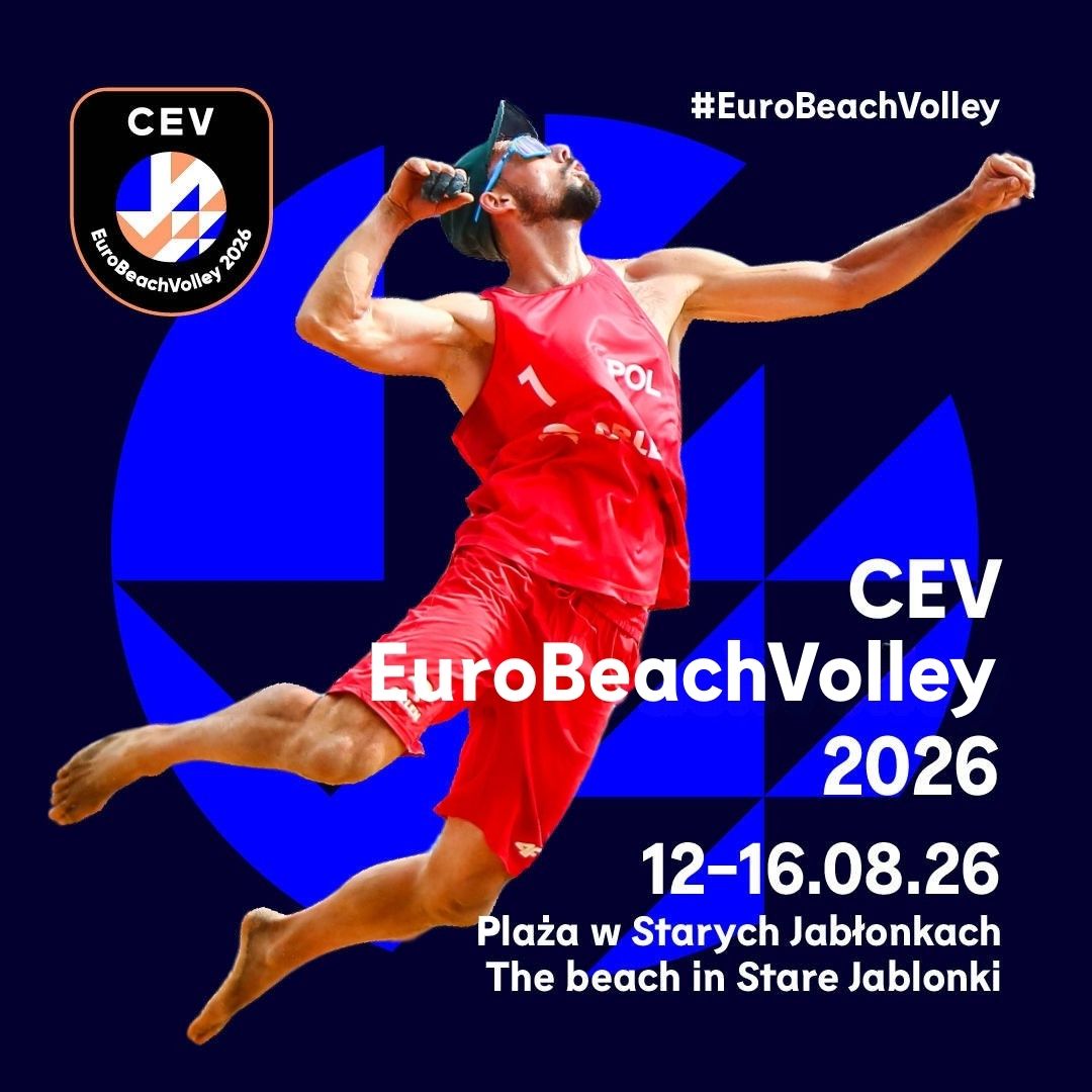 Plakat zapraszający w dniach 12-16 sierpnia 2026 r. do Starych Jabłonek na Mistrzostwa Europy Euro Bech Volley Stare Jabłonki 2026. 