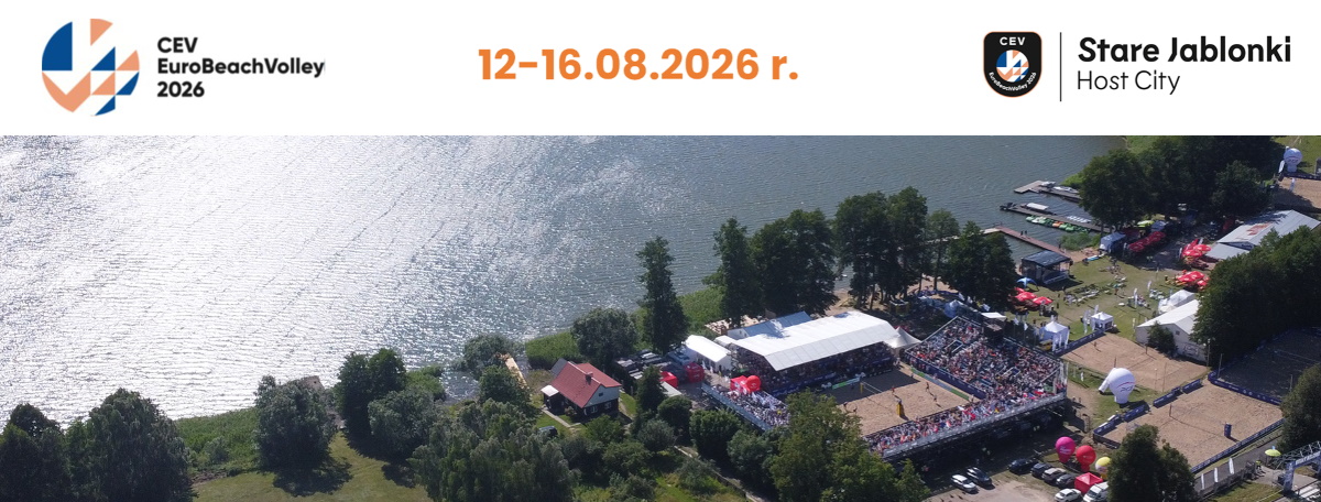 Plakat zapraszający w dniach 12-16 sierpnia 2026 r. do Starych Jabłonek na Mistrzostwa Europy Euro Bech Volley Stare Jabłonki 2026. 