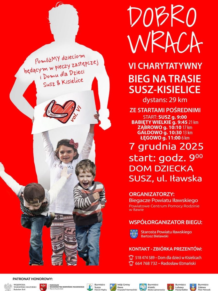 Plakat zapraszający w niedzielę 7 grudnia 2025 r. do miejscowości Susz na Charytatywny Bieg na Trasie Susz - Kisielice 2025. 