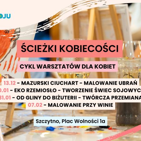 Plakat zapraszający do Szczytna na cykl warsztatów dla kobiet "Ścieżki Kobiecości!" Szczytno 2026. 