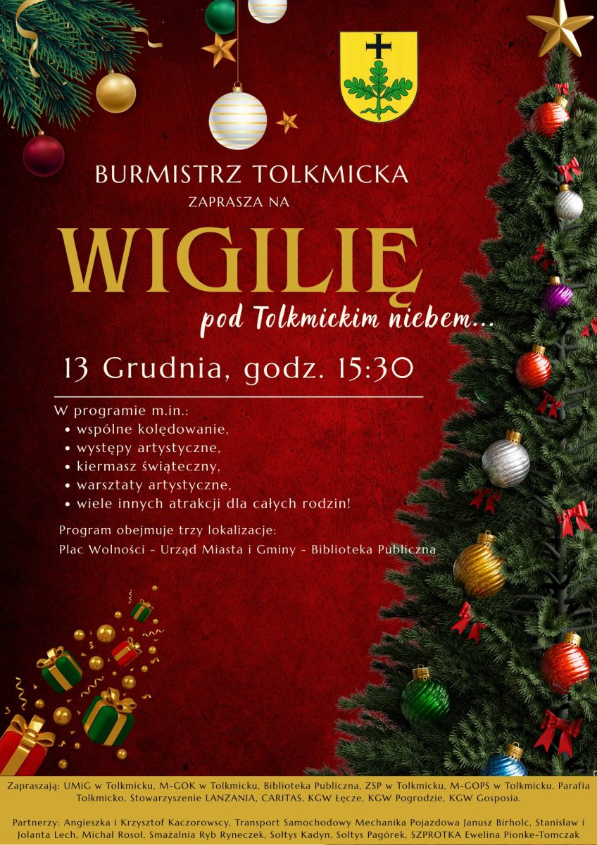 Plakat zapraszający w sobotę 13 grudnia 2025 r. do Tolkmicka na Wigilię pod Tolkmickim niebem... Tolkmicko 2025.