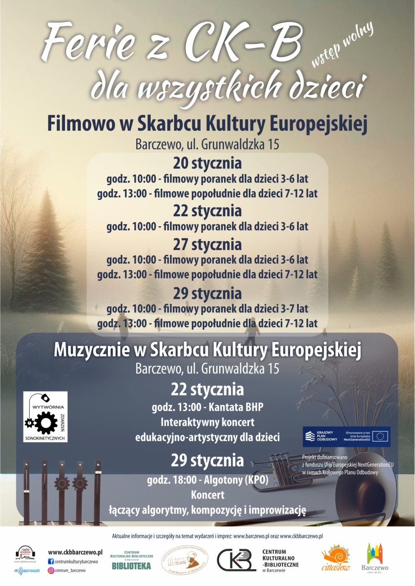 Plakat zapraszający w dniach 20-29 stycznia 2026 r. do Barczewa na ferie zimowe na Warmii i Mazurach 2026 "Ferie z Centrum Kulturalno-Bibliotecznym" Barczewo 2026.