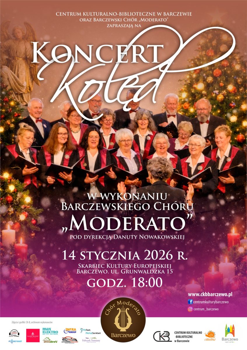 Plakat zapraszający w środę 14 stycznia 2026 r. do Barczewa na koncert kolęd Barczewskiego Chóru Moderato Barczewo 2026. 