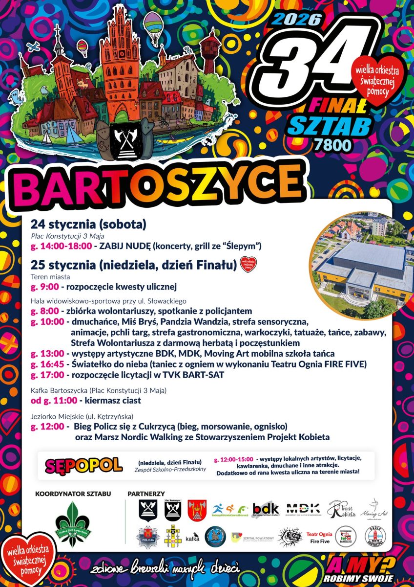 Plakat zapraszający w dniach 24-25 stycznia 2026 r. do Bartoszyc na 34. Finał WOŚP Bartoszyce 2026. 
