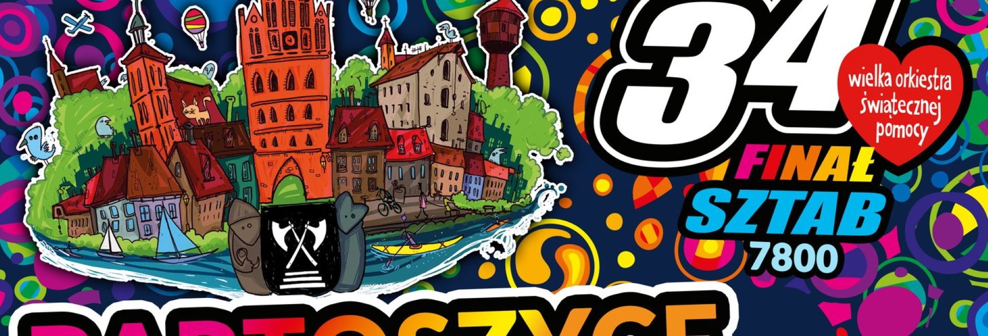 Plakat zapraszający w dniach 24-25 stycznia 2026 r. do Bartoszyc na 34. Finał WOŚP Bartoszyce 2026. 