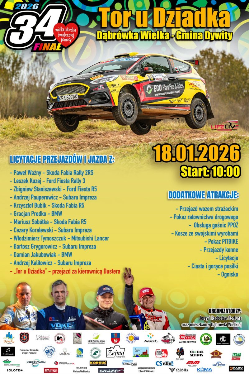 Plakat zapraszający w niedzielę 18 stycznia 2026 r. do miejscowości Dąbrówka Wielka w gminie Dywity na jazdę na Torze u Dziadka Dąbrówka Wielka 2026.