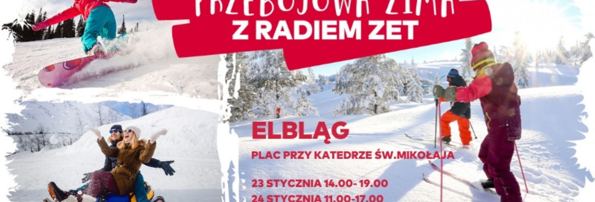 Plakat zapraszający w dniach 23-24 stycznia 2026 r. do Elbląga na Przebojową Zimę z RADIEM ZET Elbląg 2026.