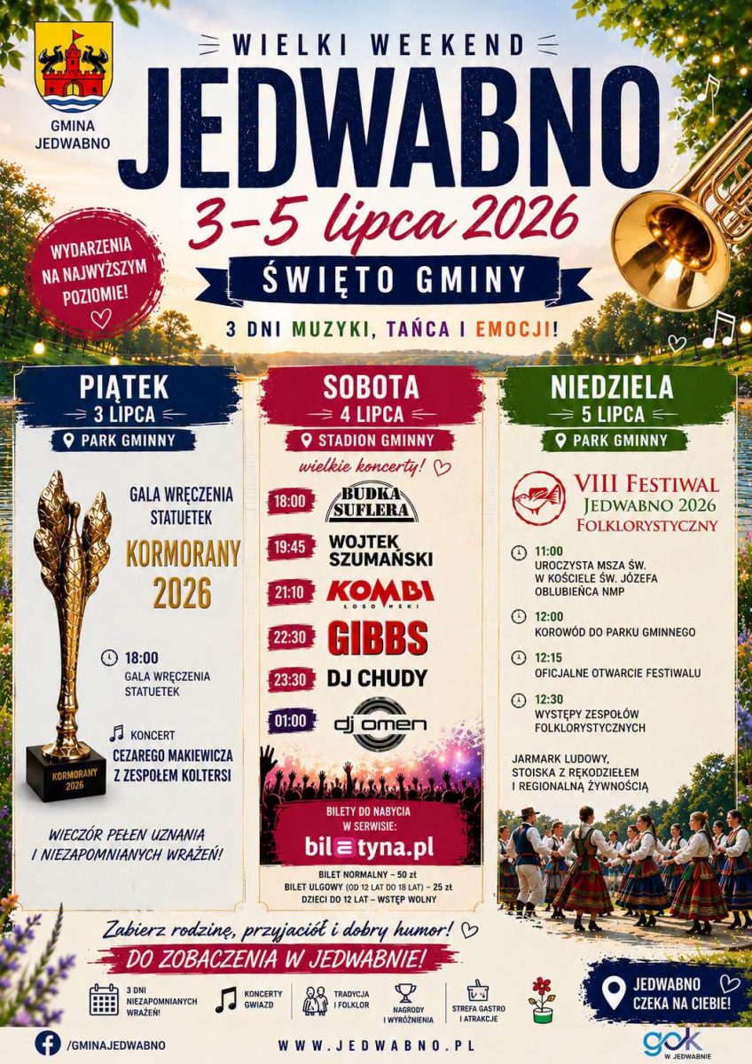 Plakat zapraszający do Jedwabna na Festiwal Jedwabno Mazury - Dni Jedwabna 2026.