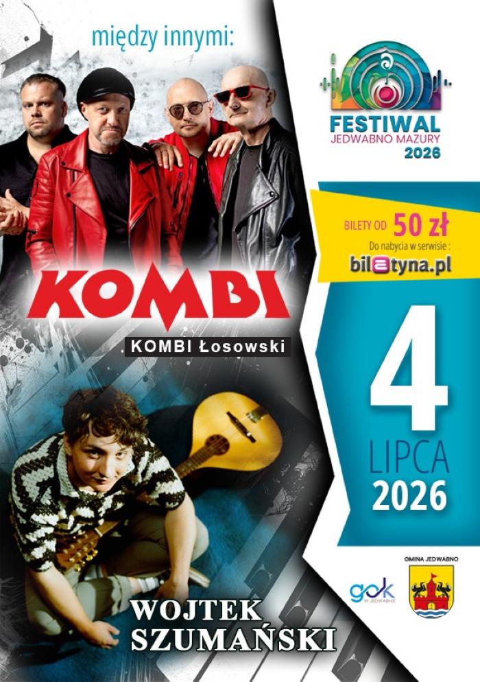 Plakat zapraszający w sobotę 4 lipca 2026 r. do Jedwabna na Festiwal Jedwabno Mazury 2026. 
