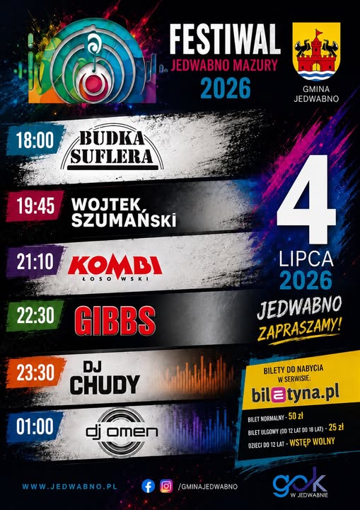Plakat zapraszający w sobotę 4 lipca 2026 r. do Jedwabna na Festiwal Jedwabno Mazury - Dni Jedwabna 2026.  