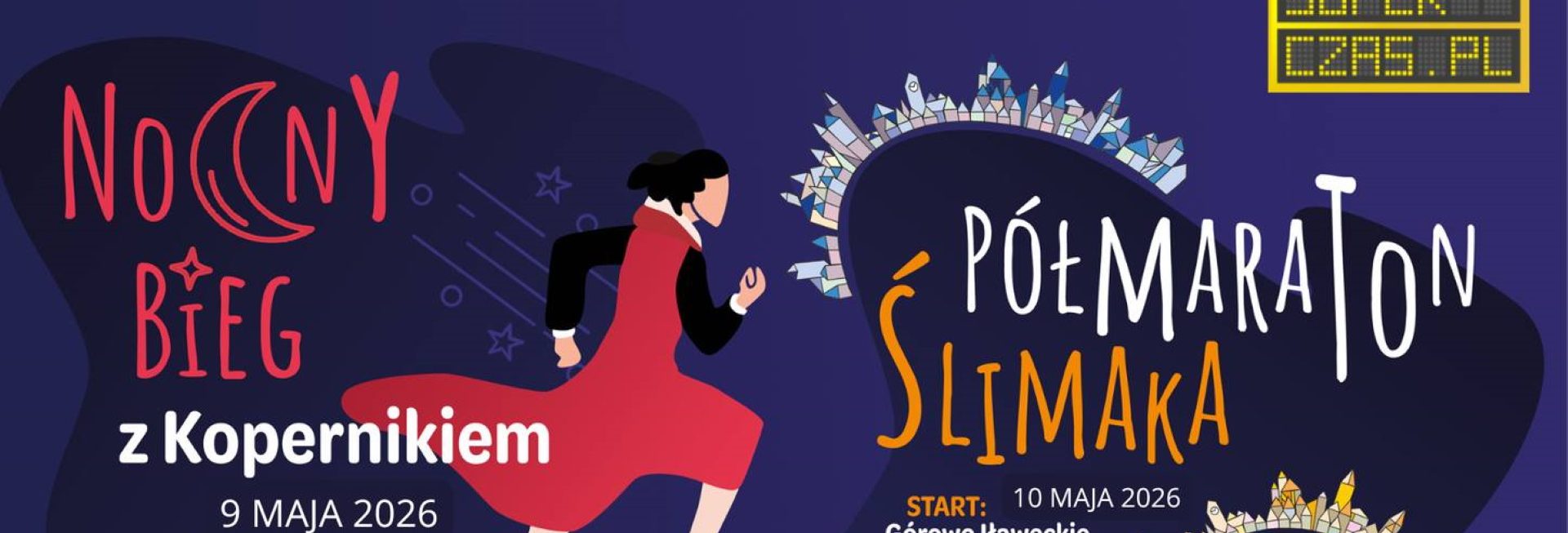 Plakat zapraszający do Lidzbarka Warmińskiego na kolejną edycję festiwalu biegowego – Nocny Bieg z Kopernikiem  oraz Półmaraton Ślimaka Lidzbark Warmiński 2026.