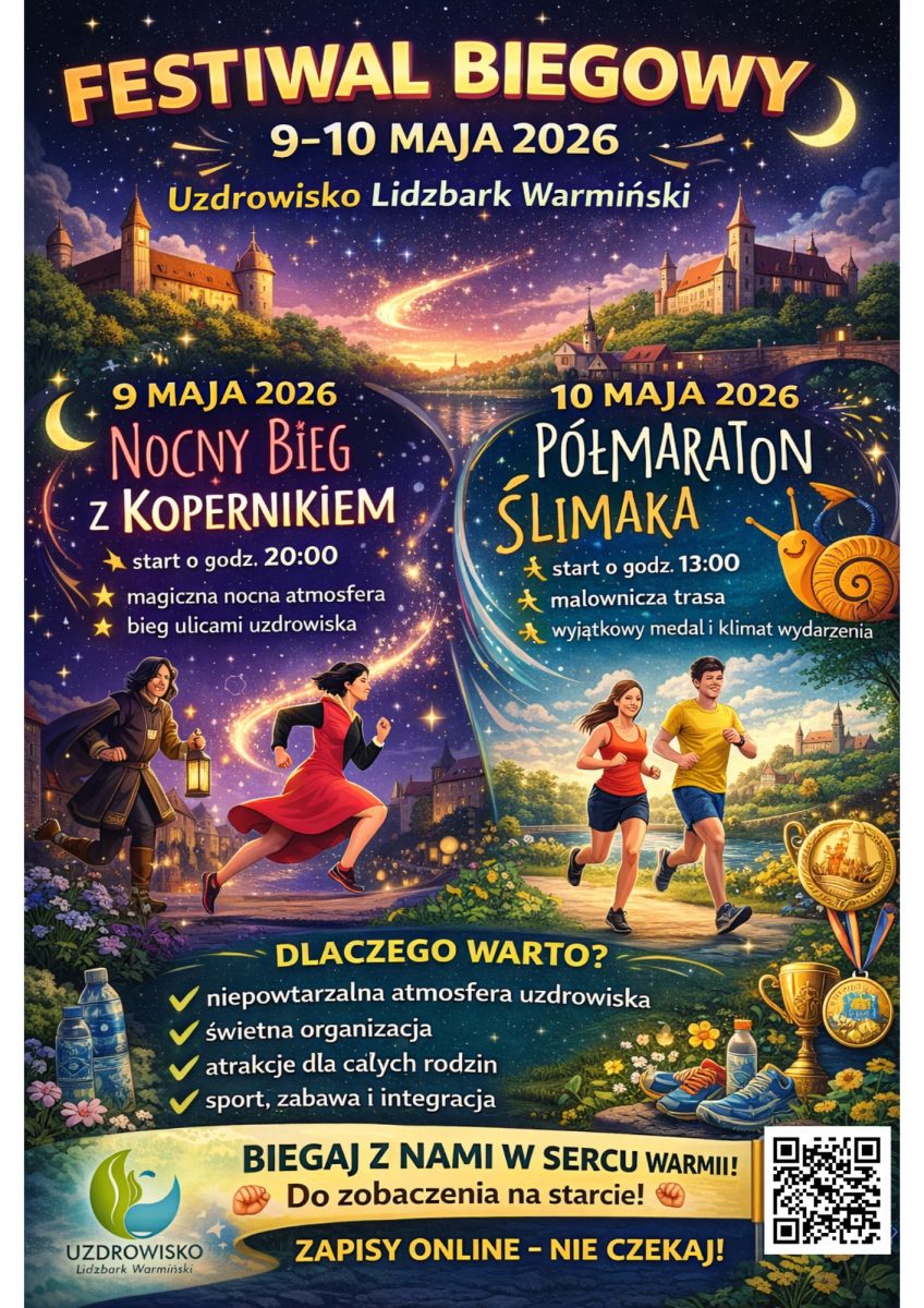 Plakat zapraszający do Lidzbarka Warmińskiego na Nocny Bieg z Kopernikiem 2026 i Półmaraton Ślimaka 2026.