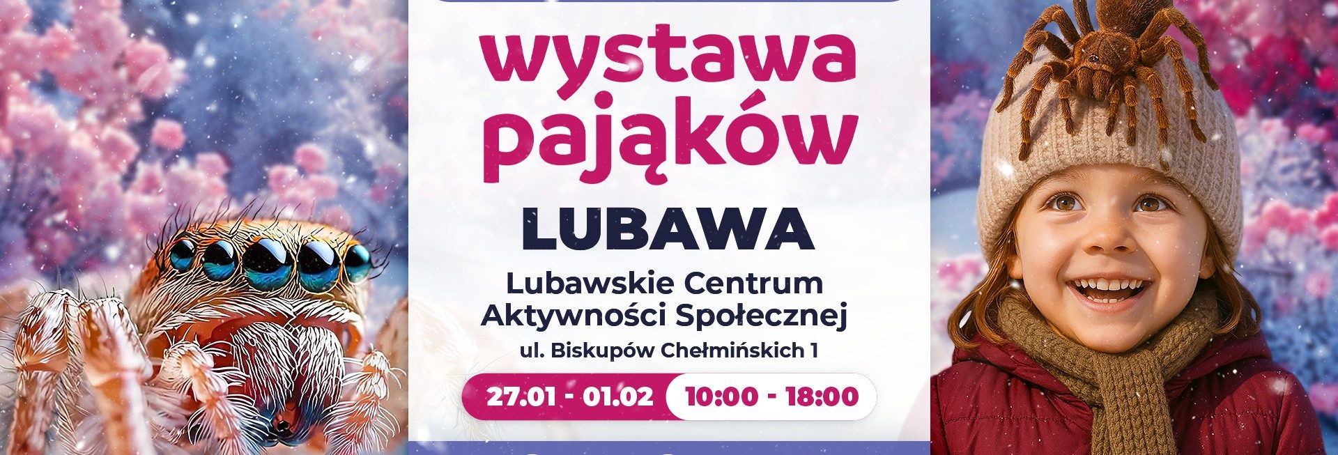 Plakat zapraszający w dniach od 27 stycznia do 1 lutego 2026 r. do Lubawy na Wystawę Pająków Lubawa 2026. 