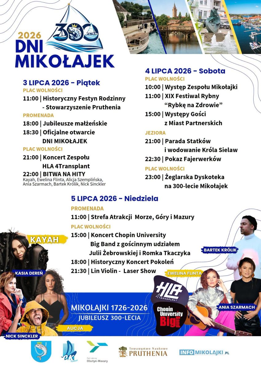 Plakat zapraszający do Mikołajek na Dni Mikołajek 2026.