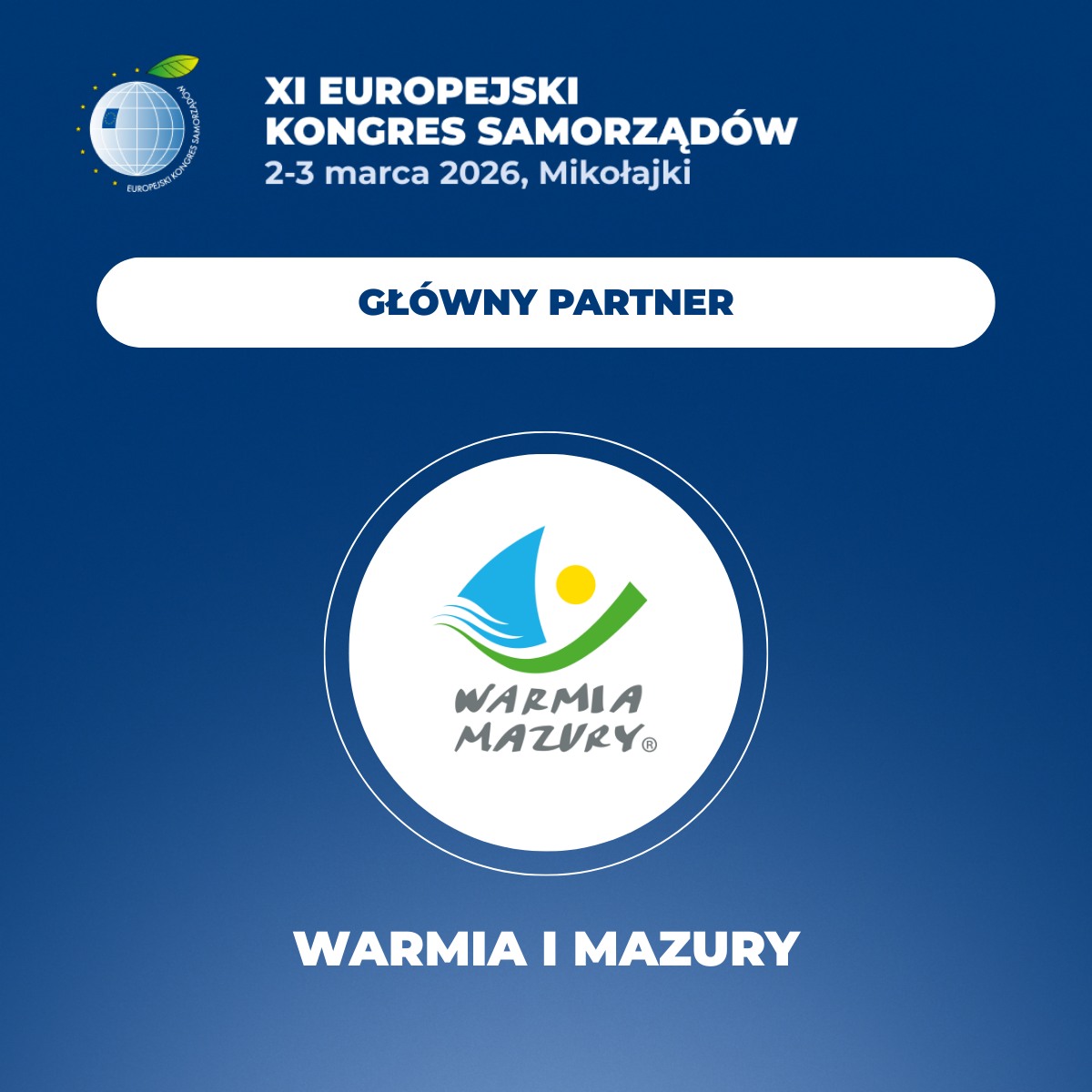 Plakat zapraszający w dniach 2-3 marca 2026 r. do Mikołajek na 11. edycję Europejskiego Kongresu Samorządów Mikołajki 2026.