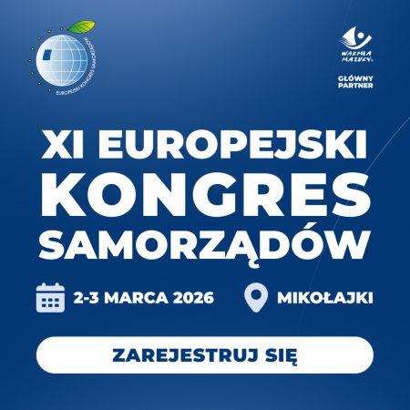 Plakat zapraszający w dniach 2-3 marca 2026 r. do Mikołajek na 11. edycję Europejskiego Kongresu Samorządów Mikołajki 2026.