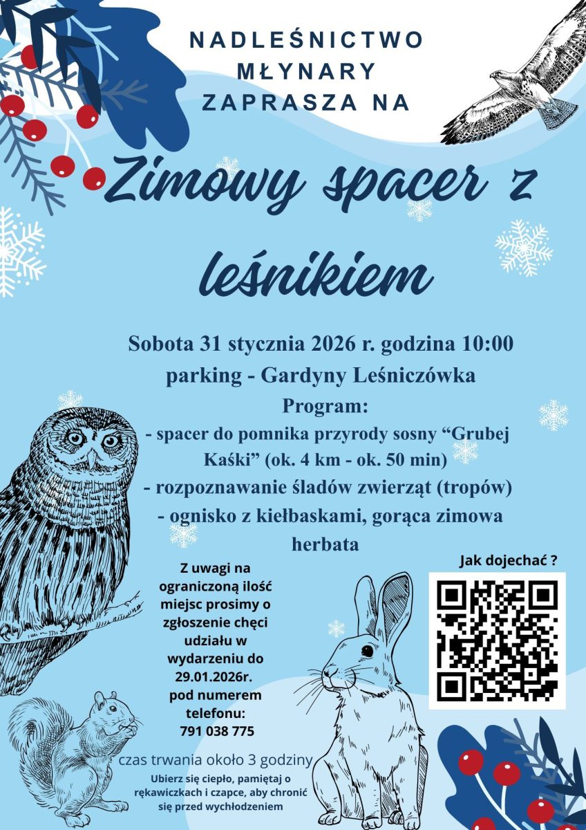 Plakat zapraszający w sobotę 31 stycznia 2026 r. do miejscowości Młynary w powiecie elbląskim na Zimowy Spacer z Leśnikiem - Nadleśnictwo Młynary 2026.