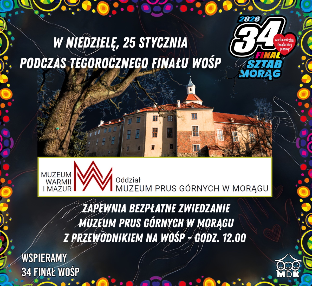 Plakat zapraszający w niedzielę 25 stycznia 2026 r. do Morąga na bezpłatne zwiedzanie Muzeum Prus Górnych Morąg 2026. 