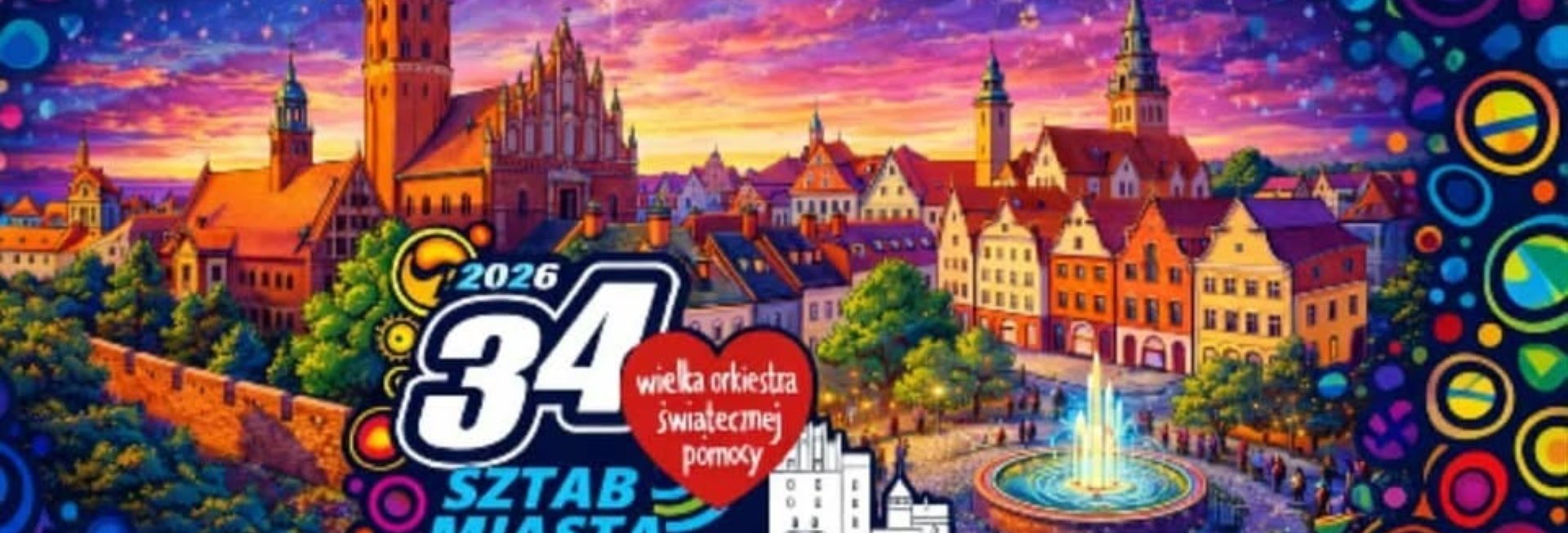 Plakat zapraszający w niedzielę 25 stycznia do Olsztyna na 34. Finał WOŚP Olsztyn 2026. 