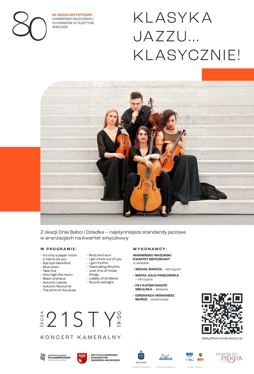Plakat zapraszający w środę 21 stycznia 2026 r. do Olsztyna na koncert kameralny "Klasyka jazzu... Klasycznie" Filharmonia Olsztyn 2026. 