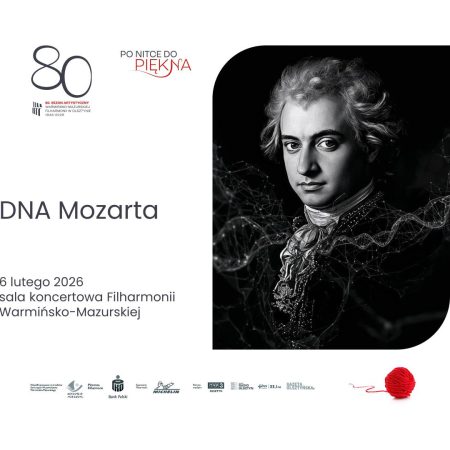 Plakat zapraszający w piątek 6 lutego 2026 r. do Olsztyna na koncert Symfoniczno-Operowy "DNA Mozarta" Filharmonia Olsztyn 2026. 