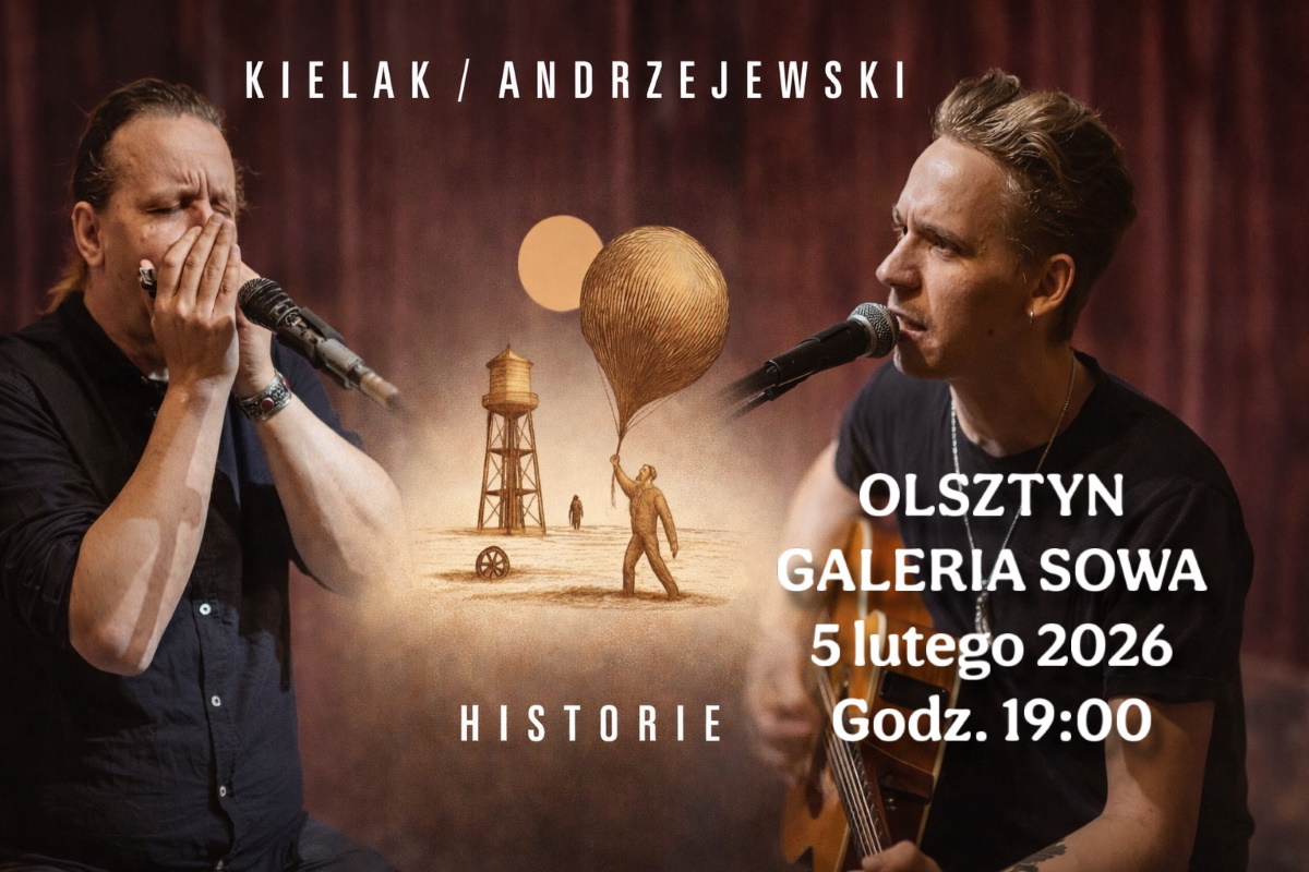Plakat zapraszający w czwartek 5 lutego 2026 do Olsztyna na koncert Duetu Kielak & Andrzejewski Olsztyn 2026. 