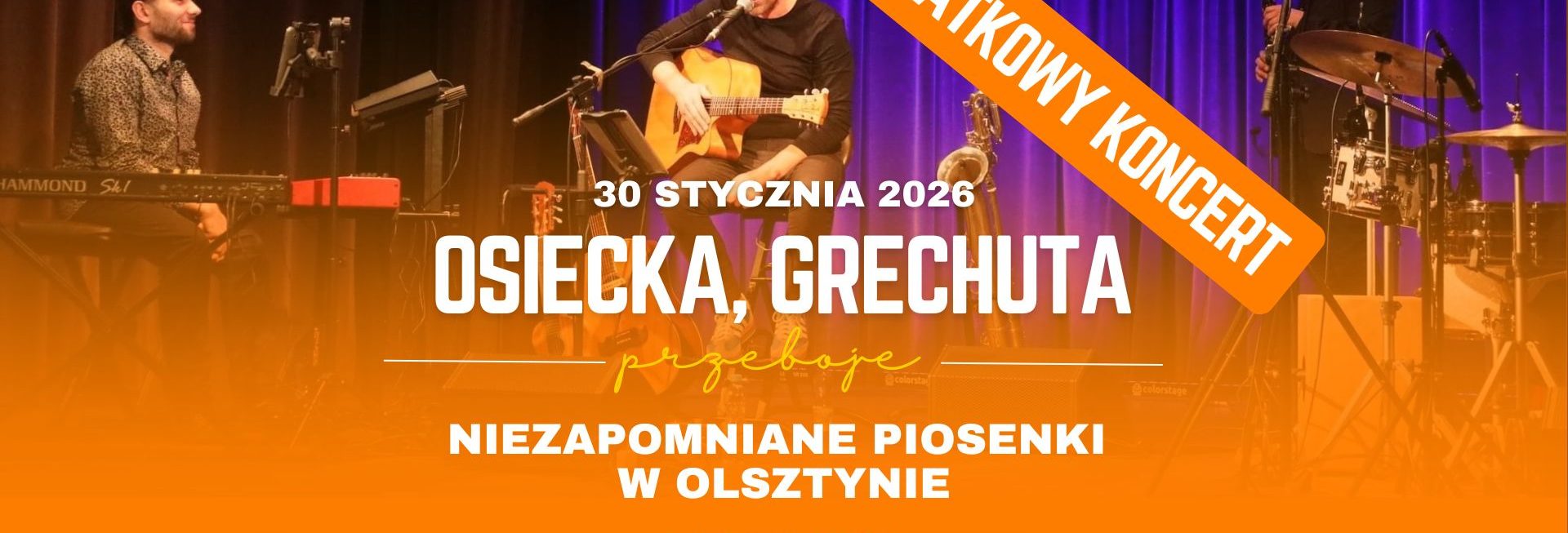 Plakat zapraszający w piątek 30 stycznia 2026 r. do Olsztyna na koncert Osiecka & Grechuta "Niezapomniane piosenki" Olsztyn 2026. 