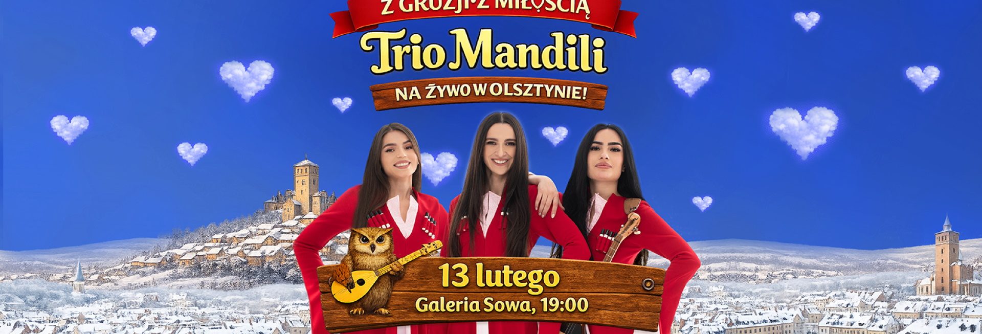 Plakat zapraszający w piątek 13 lutego 2026 r. do Olsztyna na koncert Trio Mandili "Z Gruzji z miłością" Olsztyn 2026. 