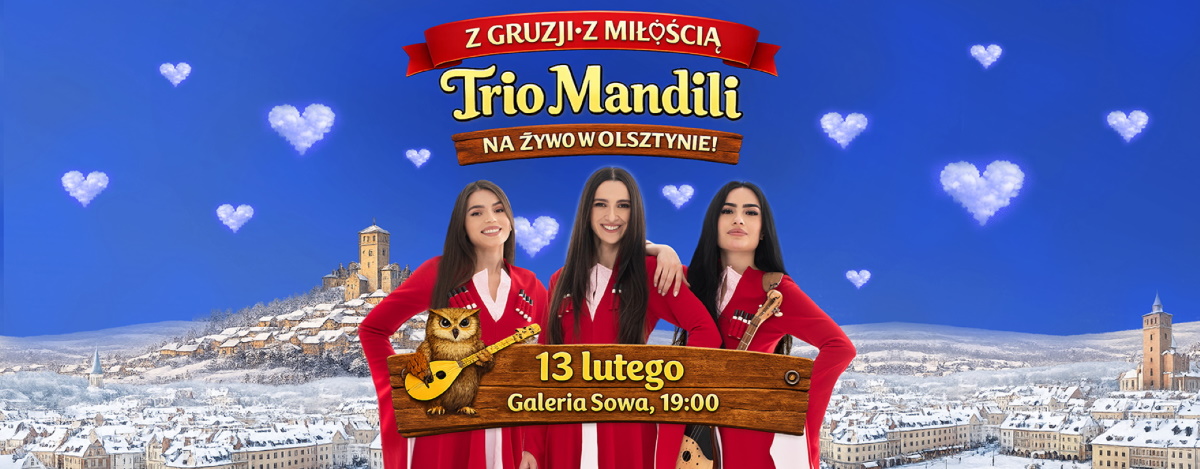 Plakat zapraszający w piątek 13 lutego 2026 r. do Olsztyna na koncert Trio Mandili "Z Gruzji z miłością" Olsztyn 2026. 
