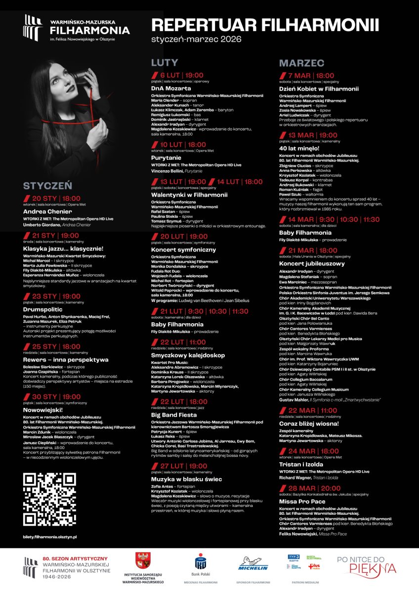 Olsztyn Filharmonia. Repertuar koncertów w Filharmonii Olsztyn w miesiącach styczeń-marzec 2026 r.  