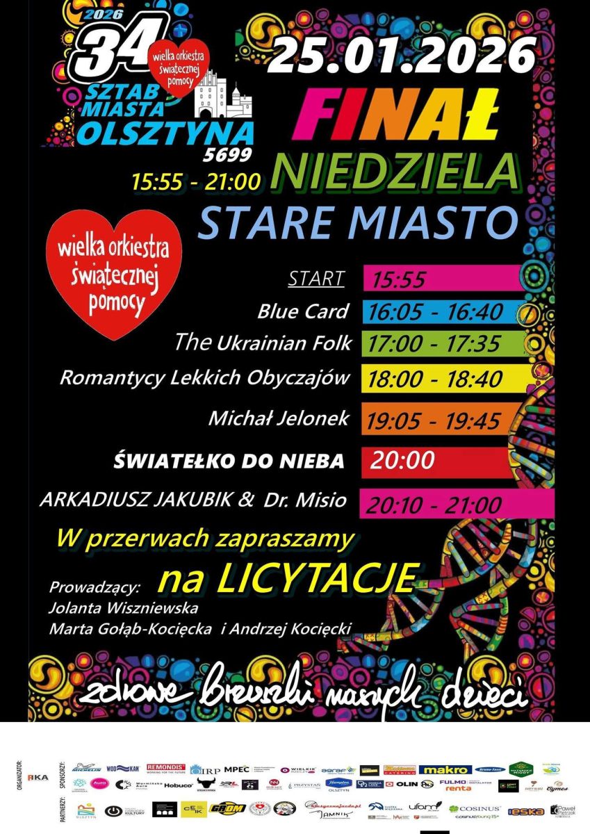 Program WOŚP w Olsztynie 2026. Plakat zapraszający w niedzielę 25 stycznia do Olsztyna na 34. Finał WOŚP Olsztyn 2026. 