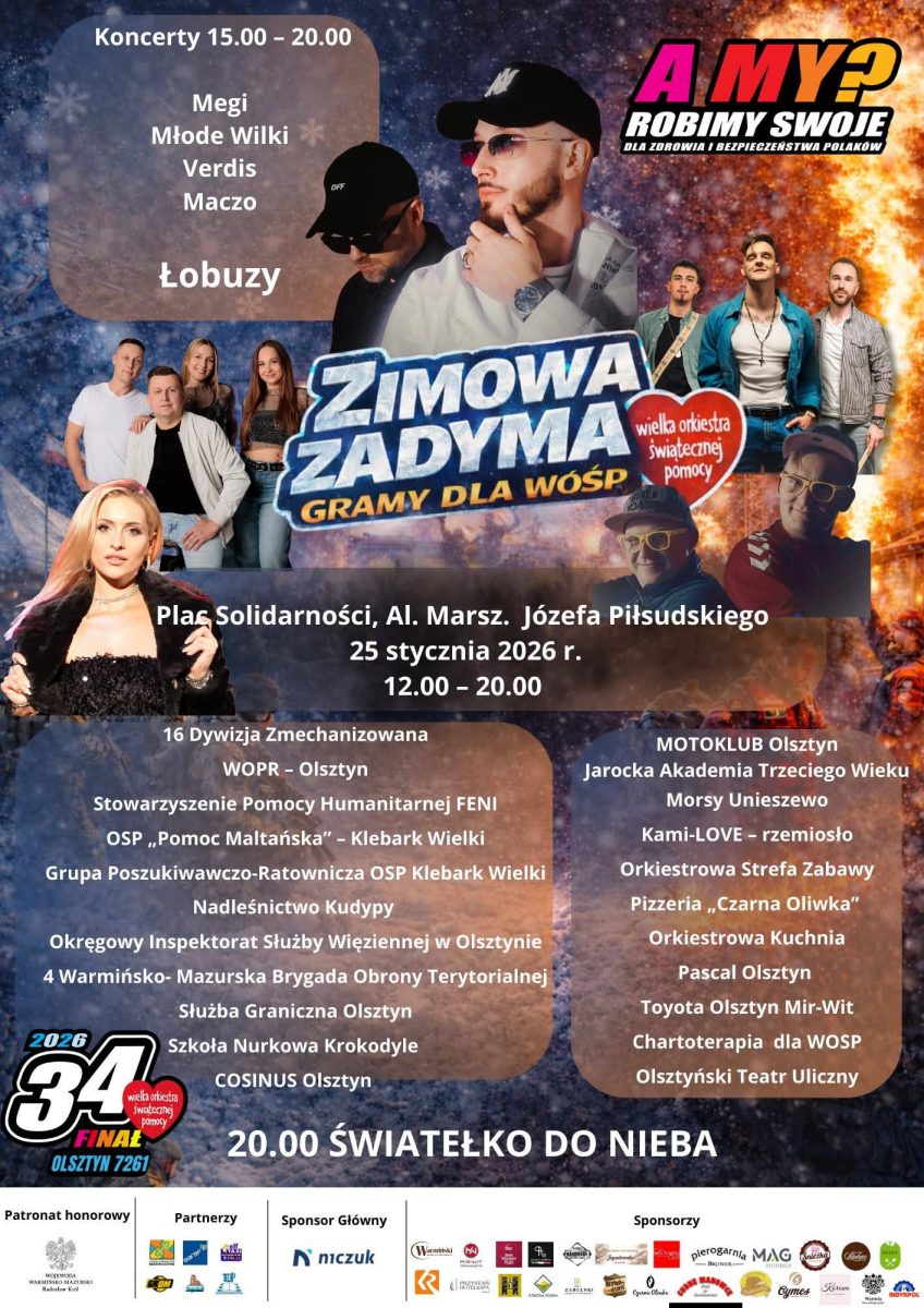 Program WOŚP w Olsztynie 2026. Plakat zapraszający w niedzielę 25 stycznia do Olsztyna na 34. Finał WOŚP Olsztyn 2026. 