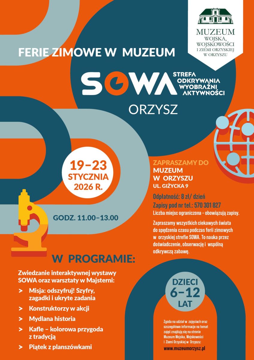 Plakat zapraszający w dniach 19-23 stycznia 2026 r. do Orzysza na ferie zimowe na Warmii i Mazurach 2026 - Muzeum Wojska, Wojskowości i Ziemi Orzyskiej Orzysz 2026.