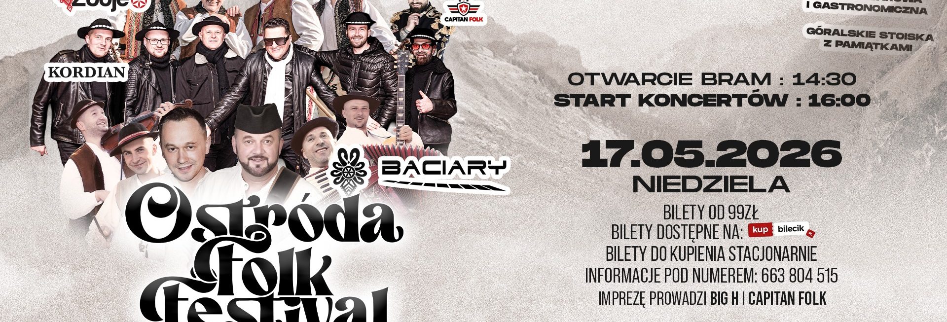 Plakat zapraszający w niedzielę 17 maja 2026 r. do Ostródy na koncert Ostróda Folk Festival – Górale na Mazurach! Ostróda 2026. 