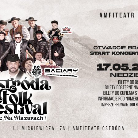 Plakat zapraszający w niedzielę 17 maja 2026 r. do Ostródy na koncert Ostróda Folk Festival – Górale na Mazurach! Ostróda 2026. 