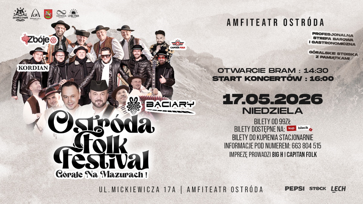Plakat zapraszający w niedzielę 17 maja 2026 r. do Ostródy na koncert Ostróda Folk Festival – Górale na Mazurach! Ostróda 2026. 