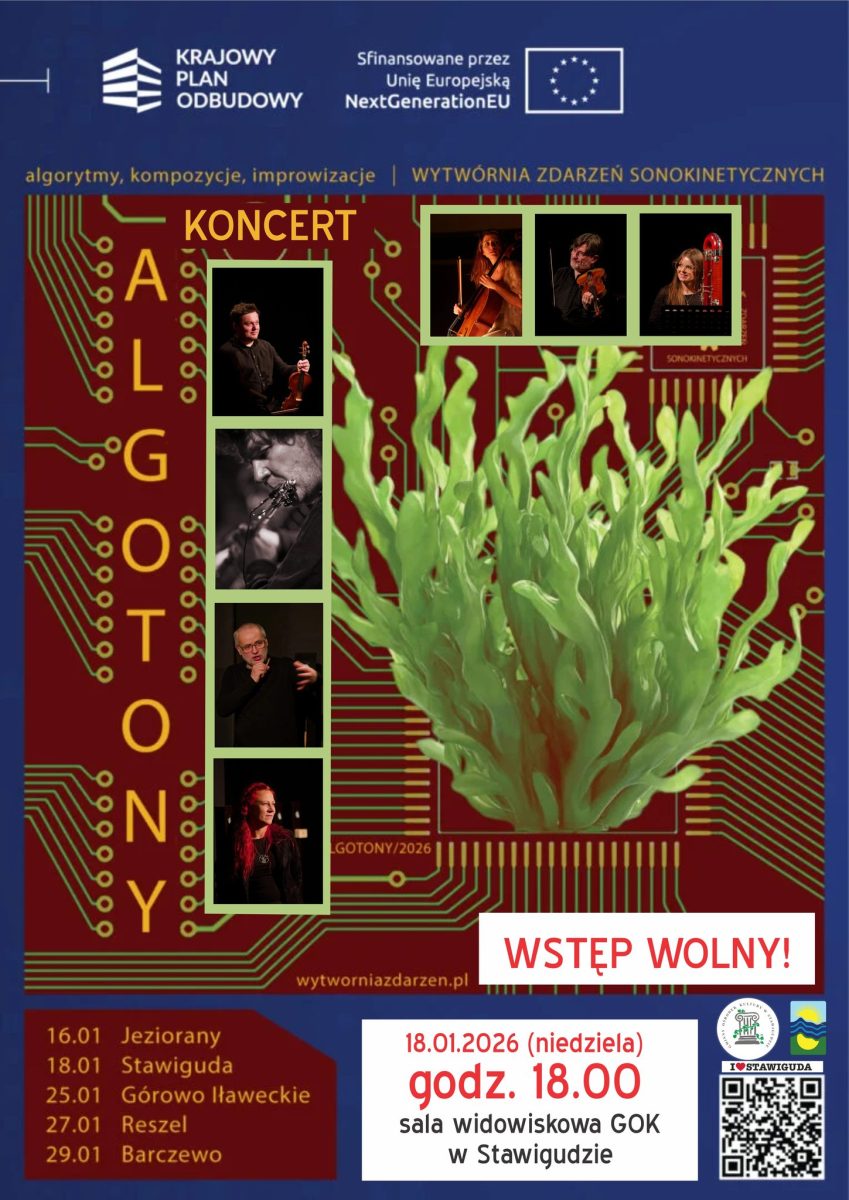 Plakat zapraszający w niedzielę 18 stycznia 2026 r. do Stawigudy na koncert Algotony Stawiguda 2026. 