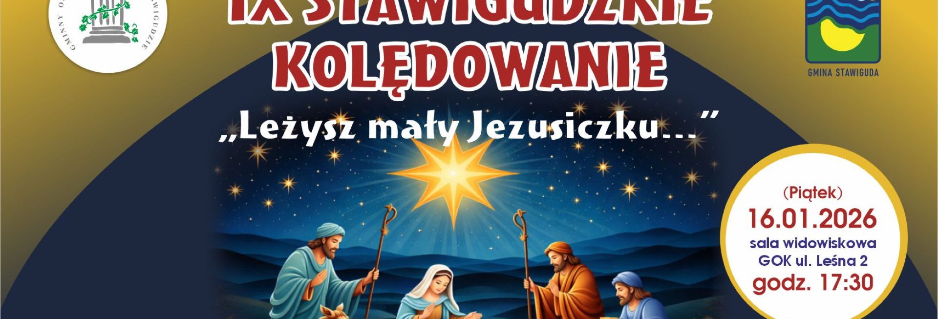 Plakat zapraszający w piątek 16 stycznia 2026 r. do Stawigudy na Stawigudzkie Kolędowanie Stawiguda 2026. 