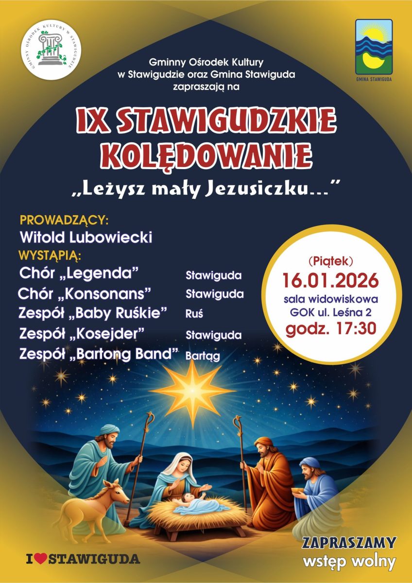 Plakat zapraszający w piątek 16 stycznia 2026 r. do Stawigudy na Stawigudzkie Kolędowanie Stawiguda 2026. 