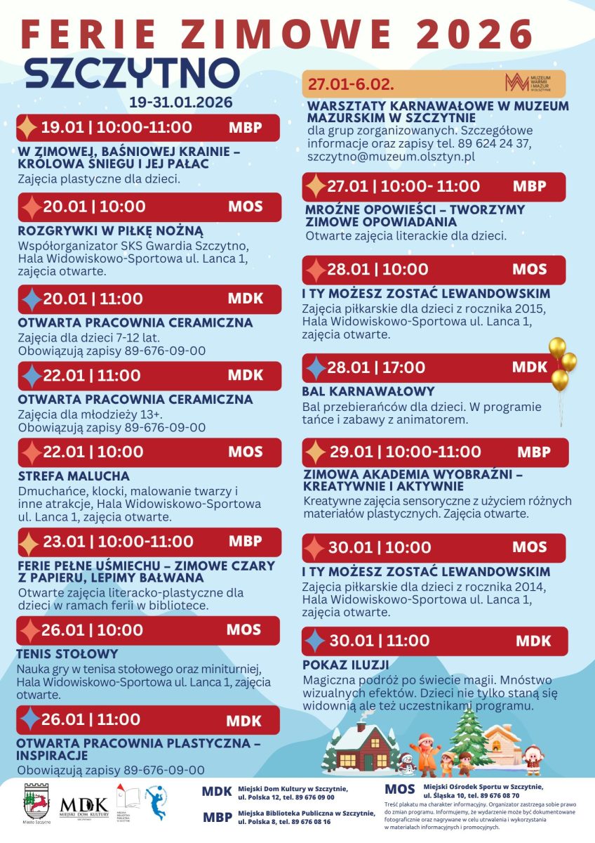 Szczytno. Program ferii zimowych w Szczytnie w roku 2026.  