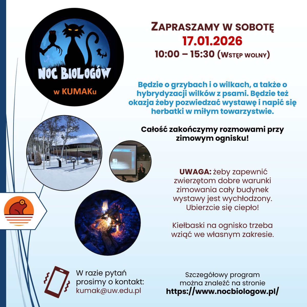 Plakat zapraszający w sobotę 17 stycznia 2026 r. do miejscowości Urwitałt w gminie Mikołajki do Centrum Bioróżnorodności i Edukacji Kumak na Ogólnopolską Noc Biologów. 