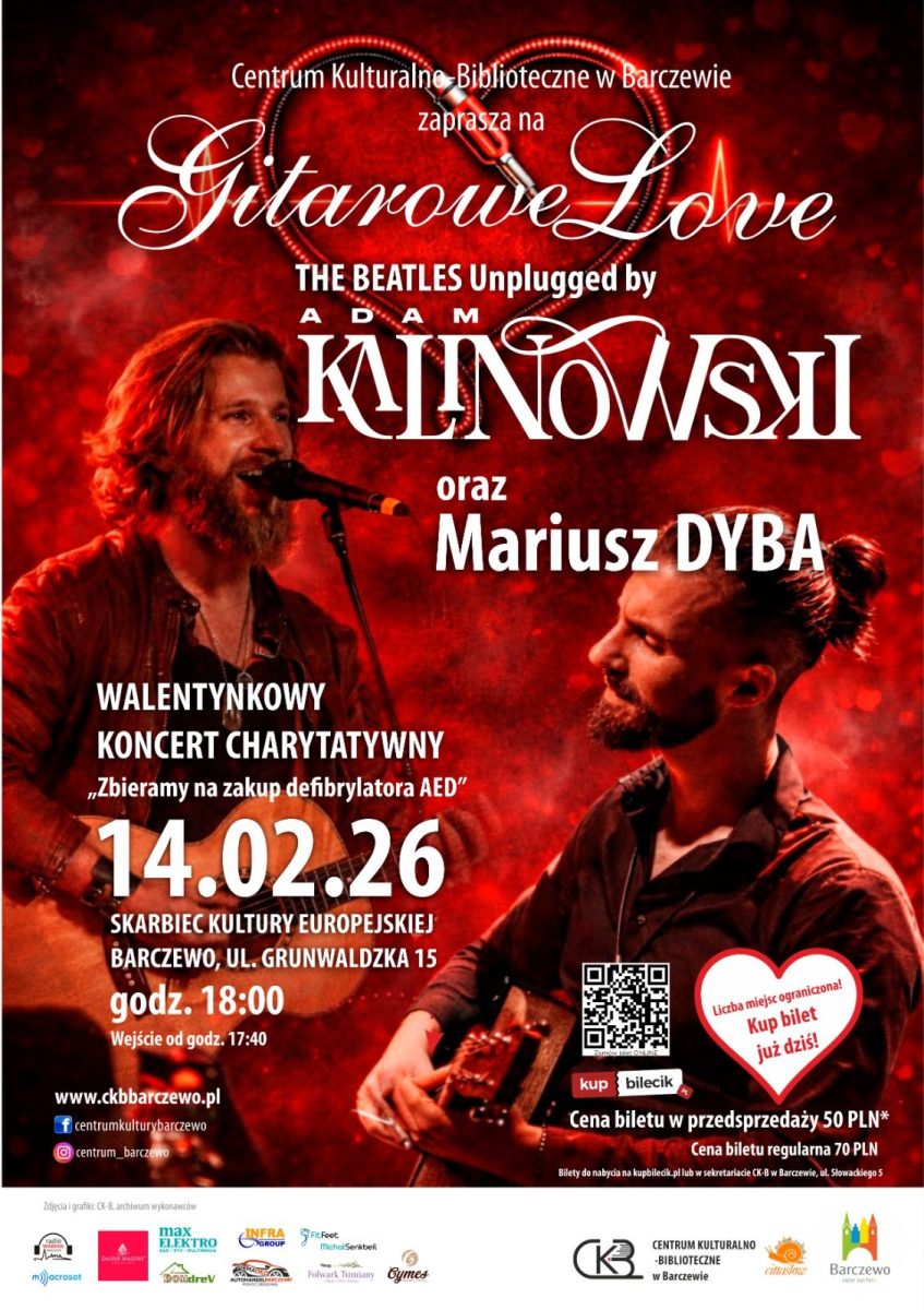 Plakat zapraszający w sobotę 14 lutego 2026 r. do Barczewa na koncert Gitarowe Love Barczewo 2026. 