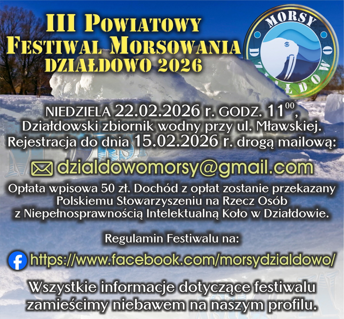 Plakat zapraszający w niedzielę 22 lutego 2026 r. do Działdowa na Powiatowy Festiwal Morsowania Działdowo 2026. 