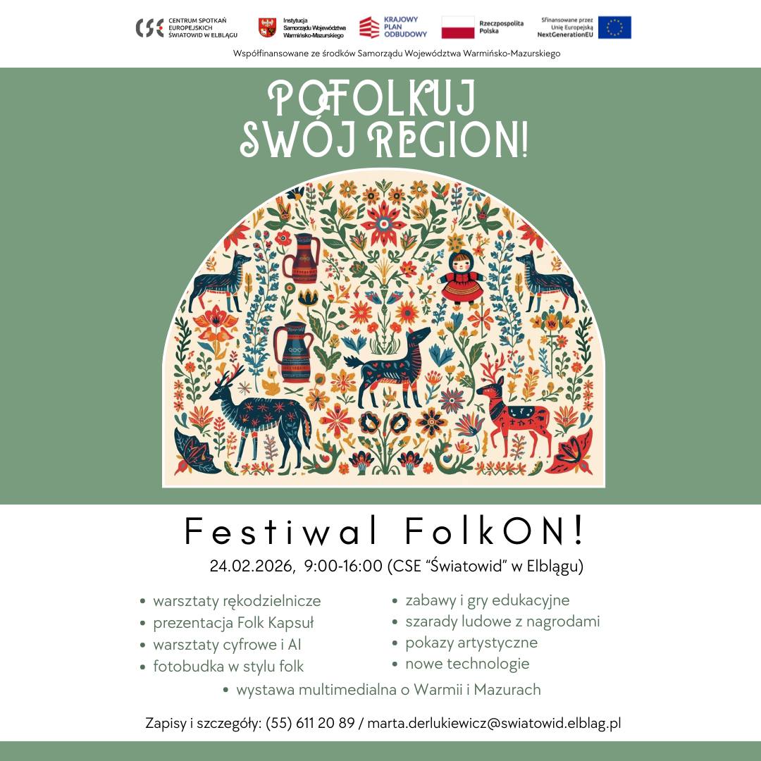 Plakat zapraszający we wtorek 24 lutego 2026 r. do Elbląga na Festiwal FolkON! Elbląg 2026. 