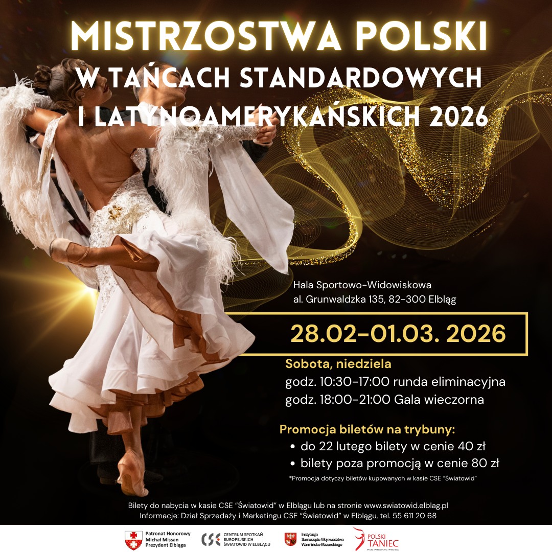 Plakat zapraszający w dniach od 28 lutego do 1 marca 2026 r. do Elbląga na Mistrzostwa Polski w Tańcach Standardowych i Latynoamerykańskich Elbląg 2026.