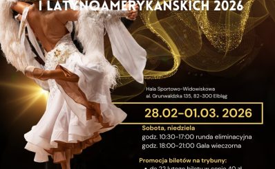 Plakat zapraszający w dniach od 28 lutego do 1 marca 2026 r. do Elbląga na Mistrzostwa Polski w Tańcach Standardowych i Latynoamerykańskich Elbląg 2026.