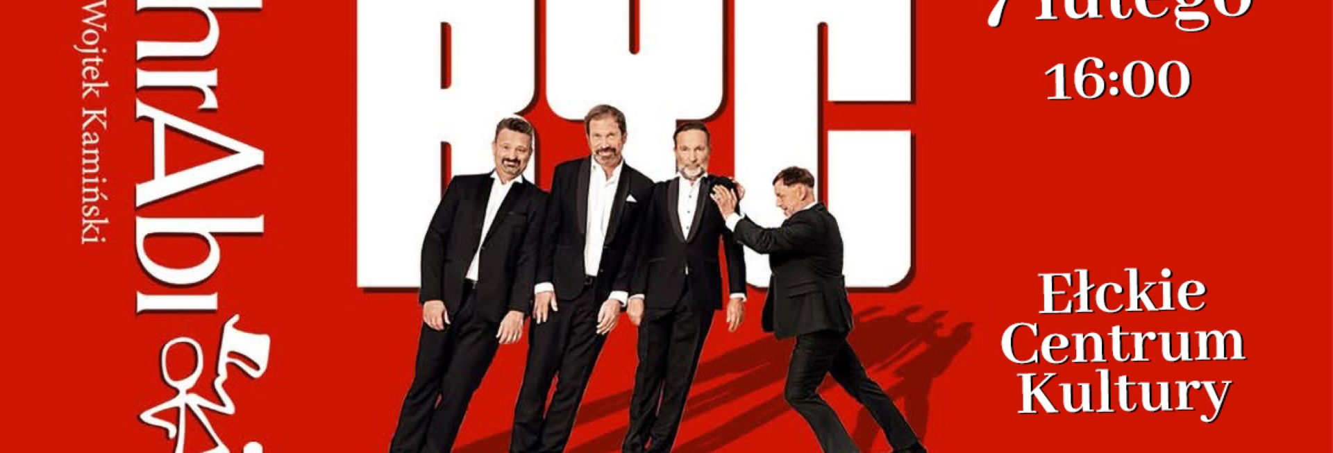 Plakat zapraszający w sobotę 7 lutego 2026 r. do Ełku na występ kabaretu hrAbi & Wojtek Kamiński ''Być facetem'' Ełk 2026.