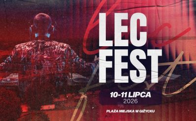 Plakat zapraszający w dniach 10-11 lipca 2026 r. do Giżycka na Festiwal Lec Fest Giżycko 2026. 