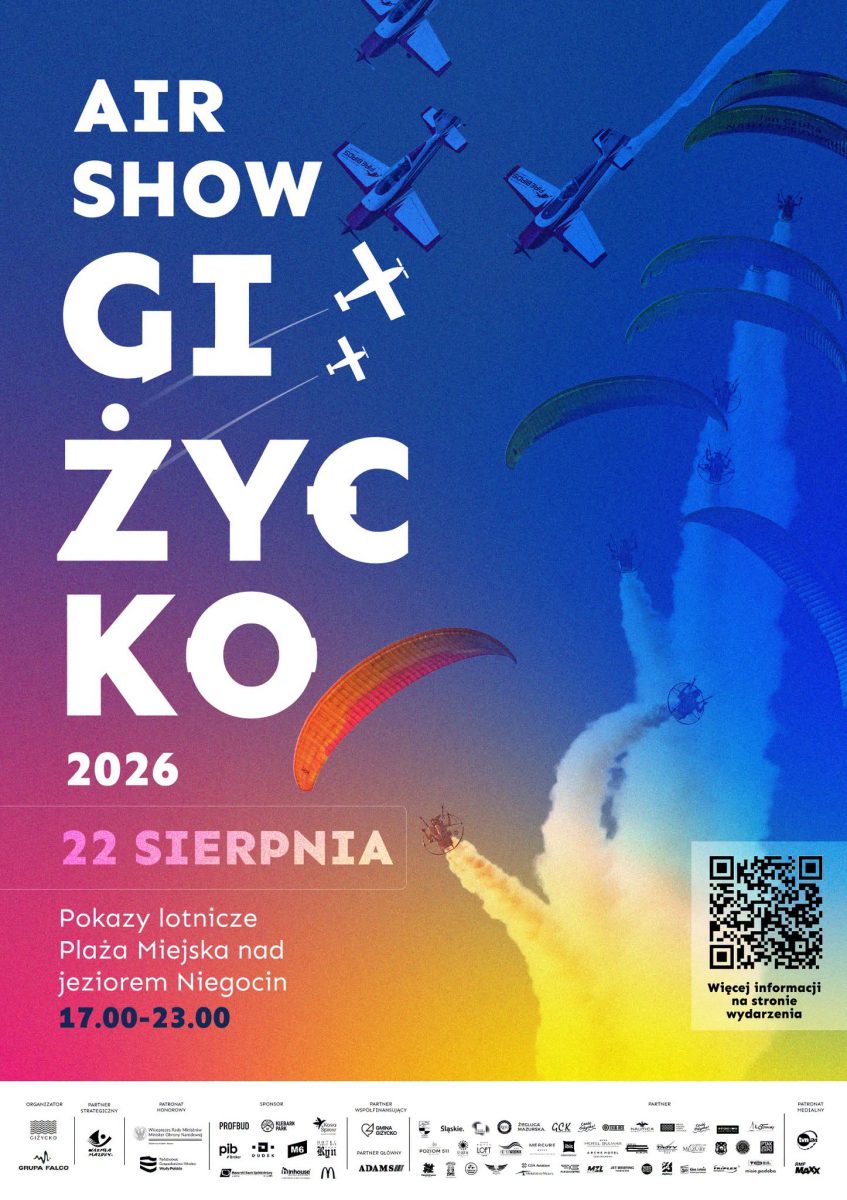 Plakat zapraszający w sobotę 22 sierpnia 2026 r. do Giżycka na kolejną edycję imprezy Giżycko AirShow 2026.